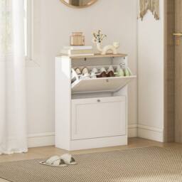 HOMCOM 2 Flip Drawer Narrow Shoe Cabinet with Adjustable Shelves, White - thumbnail 1