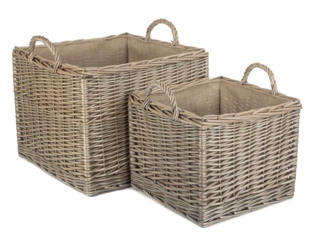 Red Hamper Wicker Set of 2 Antique Wash Square Hessian Lined Log Basket in Grey - image 1