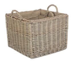 Red Hamper Wicker Set of 2 Antique Wash Square Hessian Lined Log Basket in Grey - thumbnail 2