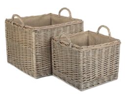 Red Hamper Wicker Set of 2 Antique Wash Square Hessian Lined Log Basket in Grey - thumbnail 1