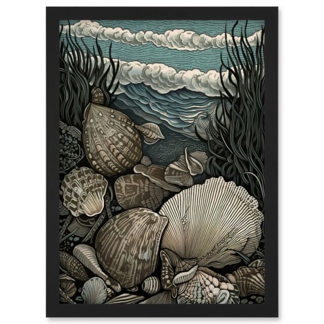 Artery8 Seashells by the Shore Modern Coastal Illustration Artwork Framed Wall Art Print A4 in Black - image 1
