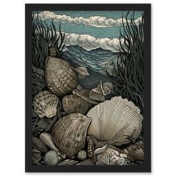 Artery8 Seashells by the Shore Modern Coastal Illustration Artwork Framed Wall Art Print A4 in Black - thumbnail 1