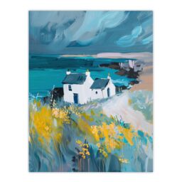 "Artery8 Coastal Scottish Cottage Wildflowers Oil Painting Wall Art Print in Blue - Size: W18"" x H24""" - thumbnail 1