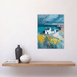 "Artery8 Coastal Scottish Cottage Wildflowers Oil Painting Wall Art Print in Blue - Size: W18"" x H24""" - thumbnail 4