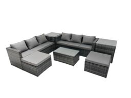 Fimous 8-seater Patio Coffee Table Sofa Set with 2 Side Tables 2 Footstools in Dark Grey - thumbnail 1