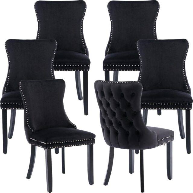 HomeTouch Sierra Set of 6 Lux Dining Chairs Velvet Tufted Wing Back Kitchen Chairs with Oak Wood Legs in Black - Size: 6 Pack - image 1