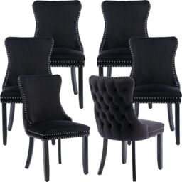HomeTouch Sierra Set of 6 Lux Dining Chairs Velvet Tufted Wing Back Kitchen Chairs with Oak Wood Legs in Black - Size: 6 Pack