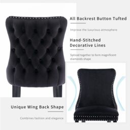 HomeTouch Sierra Set of 6 Lux Dining Chairs Velvet Tufted Wing Back Kitchen Chairs with Oak Wood Legs in Black - Size: 6 Pack - thumbnail 7
