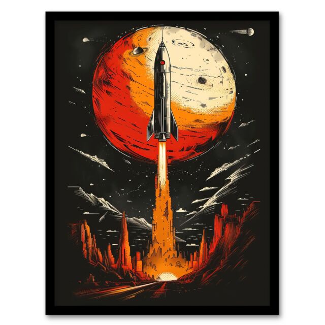 "Artery8 Rocket Launch Alien Planets Space Exploration Framed Wall Art in Black - Size: W12"" x H16""" - image 1