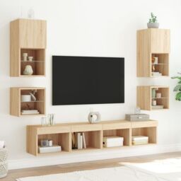 Berkfield Home TV Wall Cabinets with LED Lights 2 pcs Sonoma Oak 30x28.5x30 cm in Brown - thumbnail 5