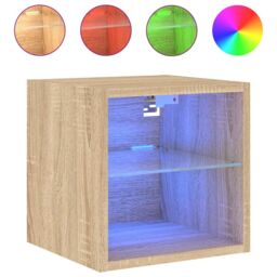 Berkfield Home TV Wall Cabinets with LED Lights 2 pcs Sonoma Oak 30x28.5x30 cm in Brown - thumbnail 7