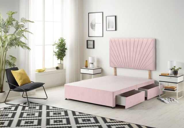 Somnior Platinum Divan Bed Base With 2 Drawers & Upholstered Headboard Plush Velvet in Pink - Size: Small Single - image 1