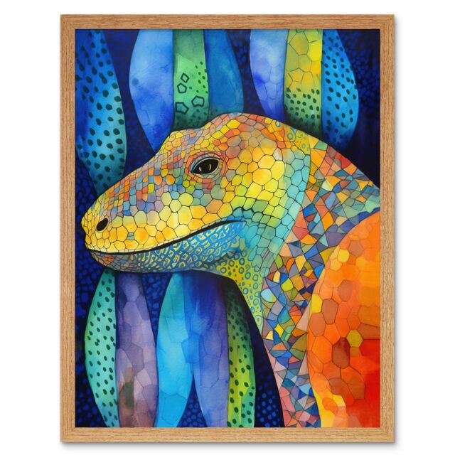 "Artery8 Wall Art Print Komodo Dragon Vibrant Folk Art Watercolour Painting Art Framed in Light Oak - Size: W12"" x H16""" - image 1
