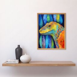 "Artery8 Wall Art Print Komodo Dragon Vibrant Folk Art Watercolour Painting Art Framed in Light Oak - Size: W12"" x H16""" - thumbnail 2