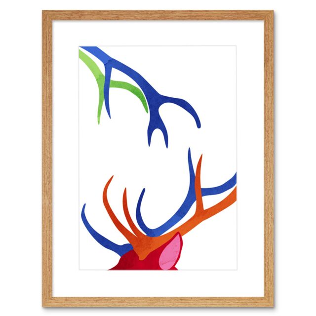 "Artery8 Wall Art Print Bright Colourful Scottish Wildlife Deer Antlers Framed Art in Beige - Size: W7"" x H9""" - image 1