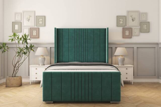 "Sloomy Hargrave Plush Frame-Mattress - 50"" Upholstered Wingback Headboard in Emerald - Size: Super King" - image 1