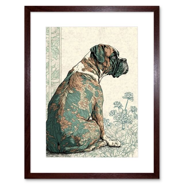 "Artery8 Wall Art Print Boxer Dog with Floral Pattern Fur Coat Modern Watercolour & Ink Artwork Framed 9X7 Inch in Brown - Size: W7"" x H9""" - image 1
