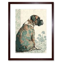 "Artery8 Wall Art Print Boxer Dog with Floral Pattern Fur Coat Modern Watercolour & Ink Artwork Framed 9X7 Inch in Brown - Size: W7"" x H9""" - thumbnail 1