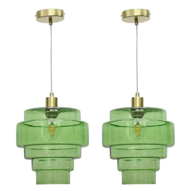 First Choice Lighting Set of 2 Benson - 5 Tier Green & Satin Brass Ceiling Pendant Lights - image 1