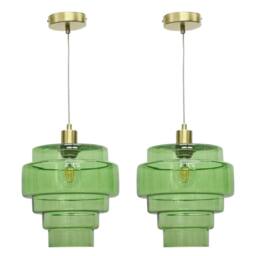 First Choice Lighting Set of 2 Benson - 5 Tier Green & Satin Brass Ceiling Pendant Lights - thumbnail 1