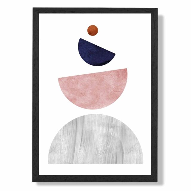 ARTZE Grey & Navy Blue Circles Mid Century Geometric Framed Print SIZE: A4 with Black Frame - image 1