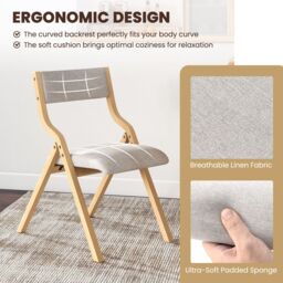 Costway Folding Dining Chair Set of 2 Wooden Upholstered Dining Chairs in Grey - thumbnail 6