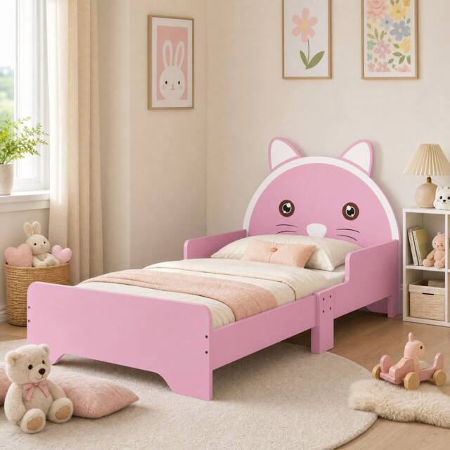 STILVORA Bed Frame 140 x 70cm with wooden structure cat design in Pink - Size: Junior - image 1