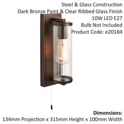 Loops Dark Bronze Bathroom Wall Light & Ribbed Cylinder Glass Shade IP44 Rated Fitting in Clear - thumbnail 2
