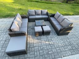 Fimous 12 Seater Rattan Outdoor Furniture Set Patio Garden Sofa Set with Square Coffee Table 3 Seater Sofa 3 Footstools in Dark Grey - thumbnail 2