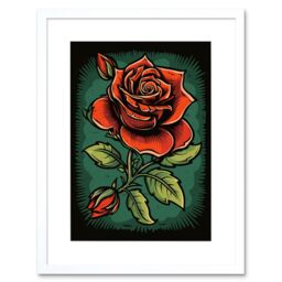 "Artery8 Wall Art Print Old School USA Tattoo Ink Body Art Blooming Rose Rockabilly Americana 50s Artwork Framed 9X7 Inch in White - Size: W7"" x H9""" - thumbnail 1