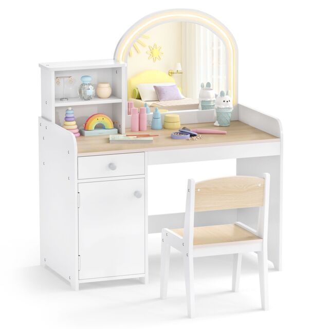 Gymax Vanity Table & Chair Set Makeup Playset with Shelves & LED Light in Light Khaki - image 1