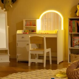 Gymax Vanity Table & Chair Set Makeup Playset with Shelves & LED Light in Light Khaki - thumbnail 4
