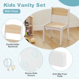 Gymax Vanity Table & Chair Set Makeup Playset with Shelves & LED Light in Light Khaki - thumbnail 8
