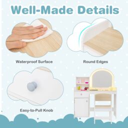 Gymax Vanity Table & Chair Set Makeup Playset with Shelves & LED Light in Light Khaki - thumbnail 5