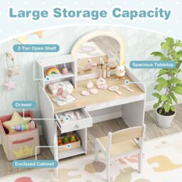 Gymax Vanity Table & Chair Set Makeup Playset with Shelves & LED Light in Light Khaki - thumbnail 6