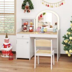 Gymax Vanity Table & Chair Set Makeup Playset with Shelves & LED Light in Light Khaki - thumbnail 3
