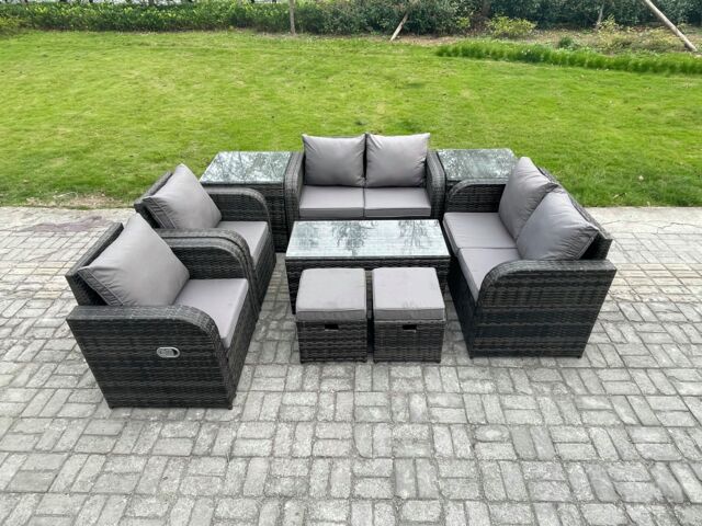 Fimous 9 Piece Rattan Garden Furniture Set Outdoor Patio Sofa, Table & Chairs Coffee Table 2 Small Footstools Ideal for Pool Side, Balcony - image 1