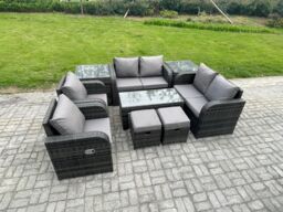 Fimous 9 Piece Rattan Garden Furniture Set Outdoor Patio Sofa, Table & Chairs Coffee Table 2 Small Footstools Ideal for Pool Side, Balcony - thumbnail 2