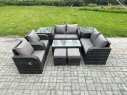 Fimous 9 Piece Rattan Garden Furniture Set Outdoor Patio Sofa, Table & Chairs Coffee Table 2 Small Footstools Ideal for Pool Side, Balcony - thumbnail 1