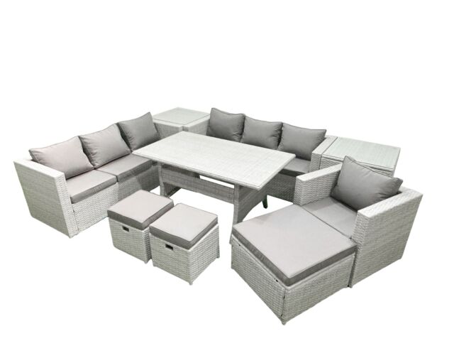 Fimous 9 Pieces Outdoor Rattan Sofa Set with Cushions Patio Garden Furniture Sets with Armchair Dining Table 2 Side Tables 3 Footstools in Light Grey - image 1