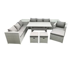 Fimous 9 Pieces Outdoor Rattan Sofa Set with Cushions Patio Garden Furniture Sets with Armchair Dining Table 2 Side Tables 3 Footstools in Light Grey - thumbnail 2