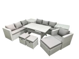 Fimous 9 Pieces Outdoor Rattan Sofa Set with Cushions Patio Garden Furniture Sets with Armchair Dining Table 2 Side Tables 3 Footstools in Light Grey - thumbnail 1
