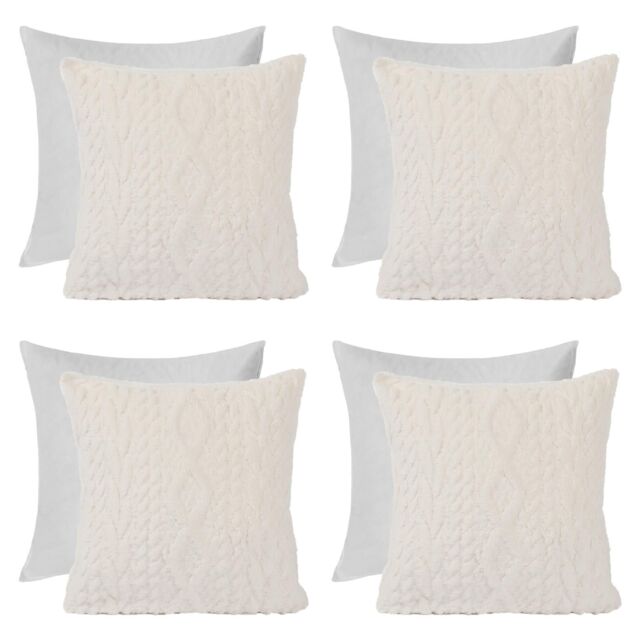 "OHS 4 x Cable Knit Cushion Covers Soft Sherpa Filled Cases 18"" x 18"" in Cream - Size: 45 cm x 45 cm" - image 1