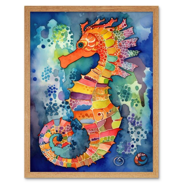 "Artery8 Wall Art Print Vibrant Colour Pattern Seahorse Folk Art Framed in Light Oak - Size: W12"" x H16""" - image 1