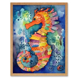"Artery8 Wall Art Print Vibrant Colour Pattern Seahorse Folk Art Framed in Light Oak - Size: W12"" x H16""" - thumbnail 1