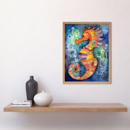 "Artery8 Wall Art Print Vibrant Colour Pattern Seahorse Folk Art Framed in Light Oak - Size: W12"" x H16""" - thumbnail 2