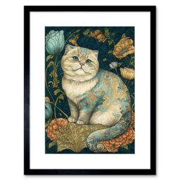 "Artery8 Wall Art Print William Morris Inspired Cute Cat with Floral Pattern Fur & Flowers Colourful Modern Artwork Framed 9X7 Inch - Size: W7"" x H9""" - thumbnail 1