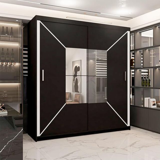 Sliding Wardrobes 4U Modern Double Sliding Wardrobe with LED Light W 180 x H 217 x D 62 in Black - image 1