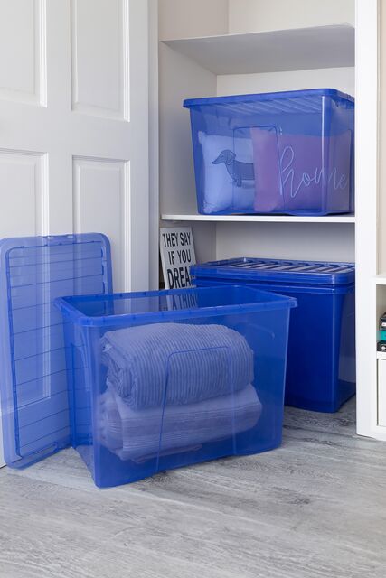 Wham Crystal 4 x 80L Stackable Plastic Storage Boxes with Lids in Blue - image 1