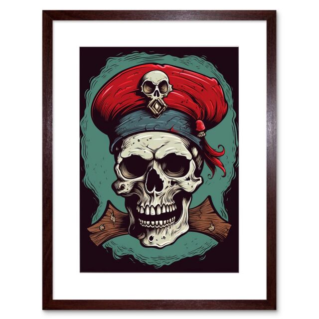 "Artery8 Wall Art Print Old School USA Tattoo Ink Body Art Pirate Skull Rockabilly Americana 50s Artwork Framed 9X7 Inch in Brown - Size: W7"" x H9""" - image 1